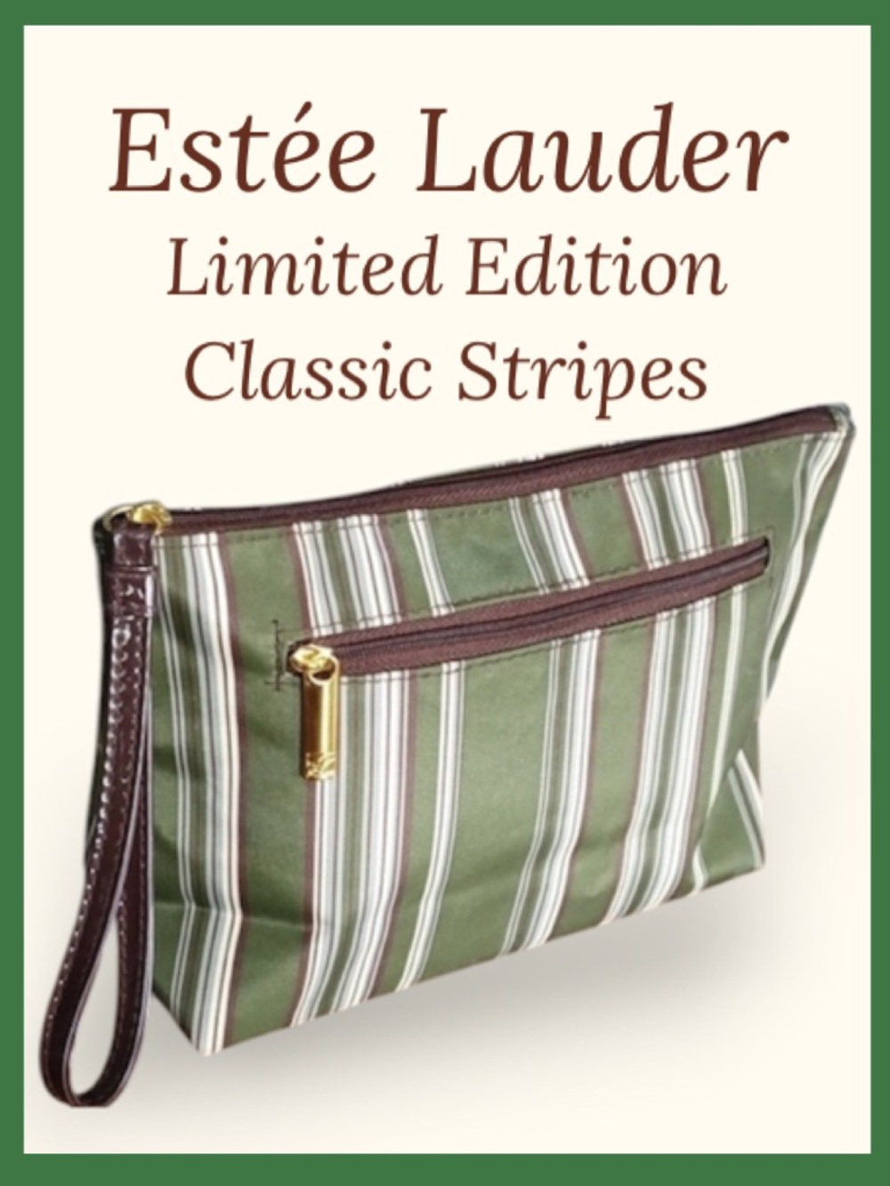 Estรฉe Lauder Cosmetic Bag Makeup Travel Case Green Brown Striped NEW